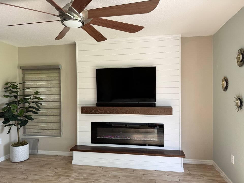 Modern shiplap fireplace media wall in a Seattle home