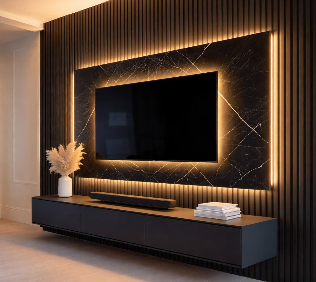 Modern media wall with fireplace and oak cabinetry in a Seattle home